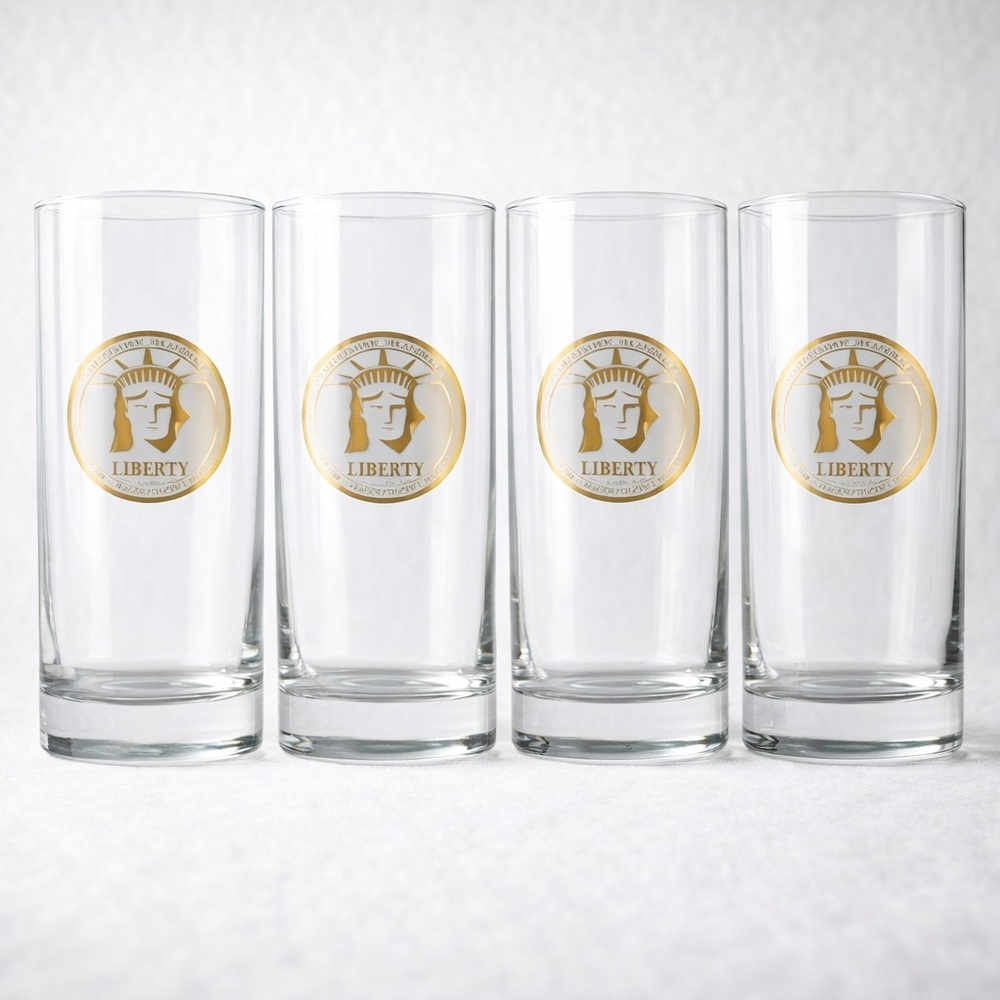 Statue Of Liberty Centennial Highball Glasses 22K Gold Medallion Vtg 1986 4 Pcs - Picture 4 of 7